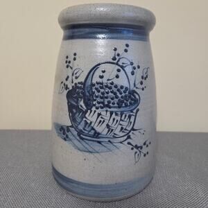 Vintage 1990 Rowe Pottery Works Salt Glaze Blue Berry Basket Crock USA Handmade